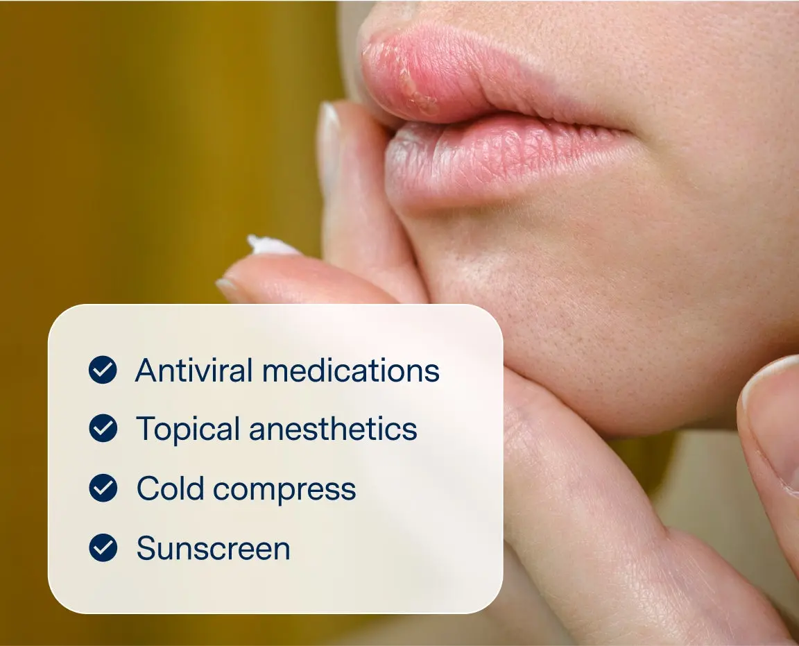 Infographic with close-up of lips applying ointment and a list of side effects: allergic reactions, discoloration, burning, and inflammation. Highlights possible reactions during canker sore treatment.