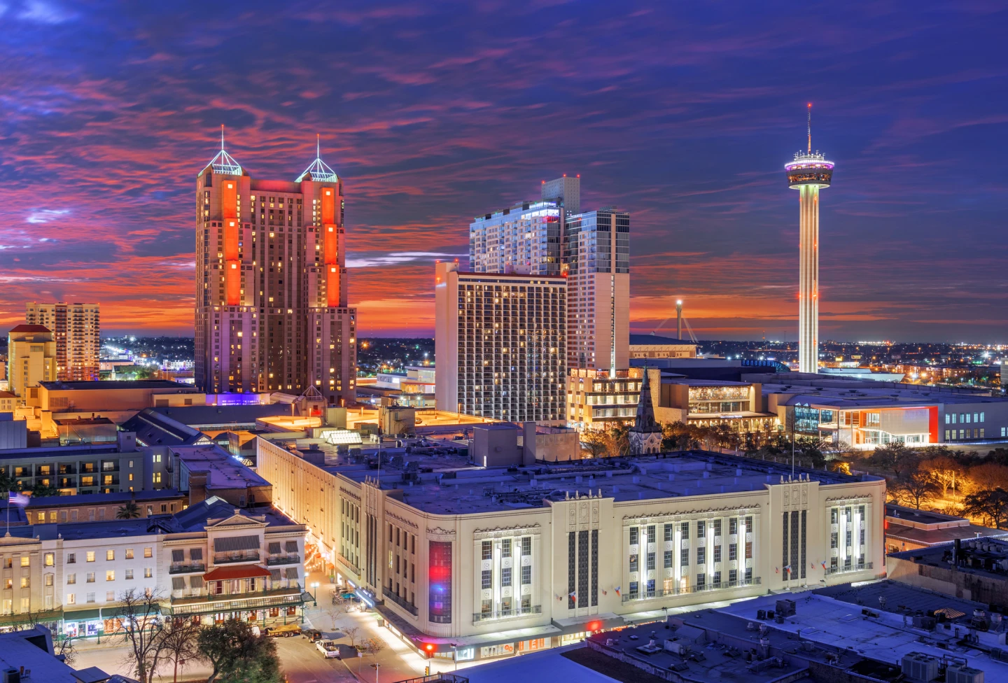 A view of the San Antonio skyline at sunset