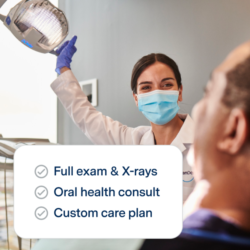 Dentist in mask preparing for patient exam with white box graphic and text listing oral care services.