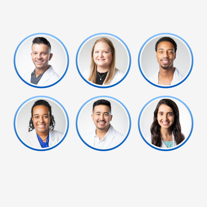 Six headshots of individuals, three men and three women, all smiling with the confidence you'd expect from a visit to a cosmetic dentist, each dressed in professional attire and framed within blue-bordered circles on a white background.