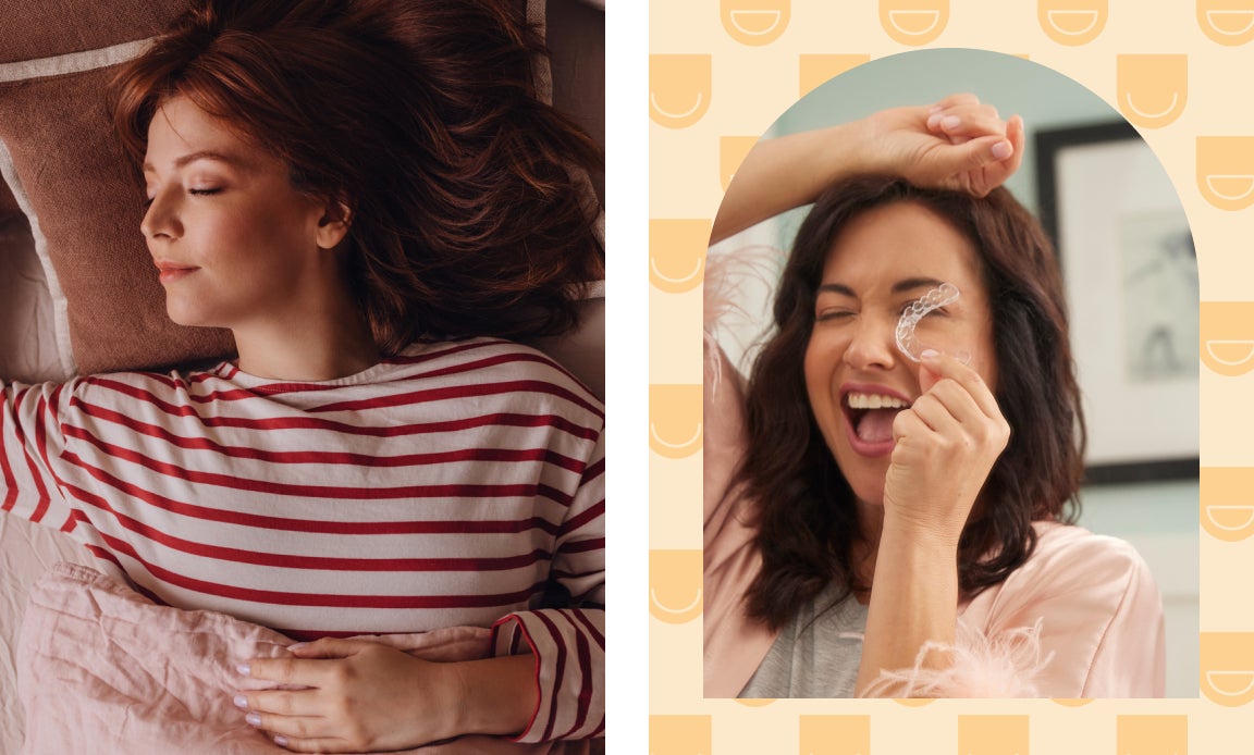 Left image: Woman sleeping on her side with a striped shirt. Right image: Woman laughing and holding a clear aligner closer to her eye.