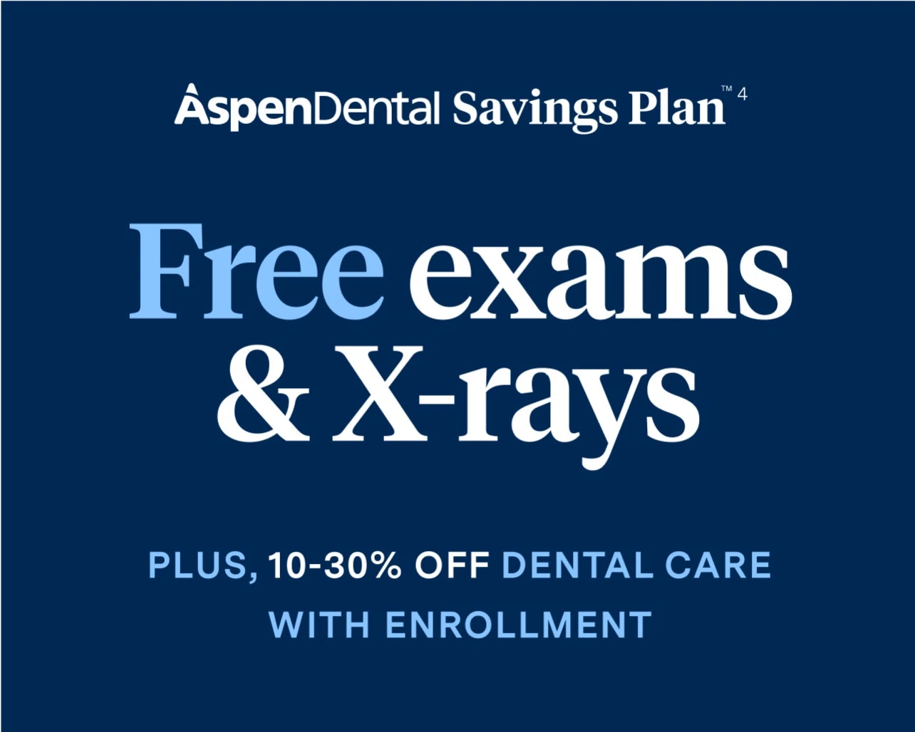 Aspen Dental Savings Plan offering free exams and X-rays, plus 10-30% off dental care with enrollment. White text on a dark blue background.