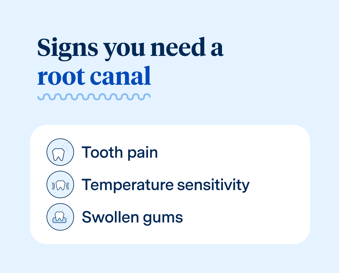 Graphic with text "Signs you need a root canal", listing symptoms: Tooth pain, Temperature sensitivity, Swollen gums.