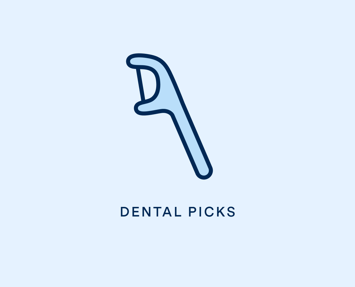 Icon of a dental pick on blue background above 'DENTAL PICKS' text