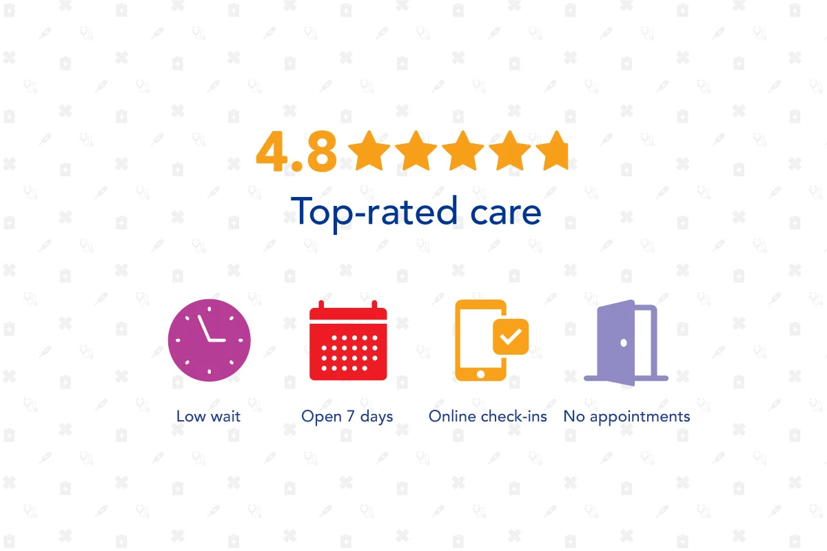 4.8/5 Top rated care. Low wait, open 7 days, online check-ins, no appointments. 