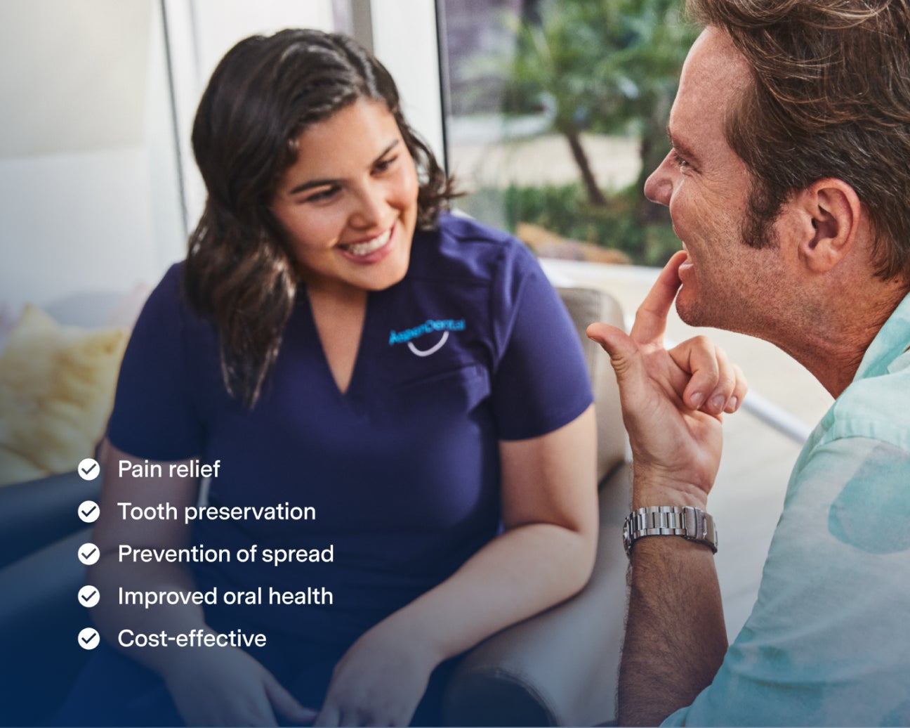 A man consults with a dental professional in an office about the benefits of early root canal treatment. Text on the image lists benefits: "Pain relief, Tooth preservation, Prevention of spread, Improved oral health and Cost-effective.