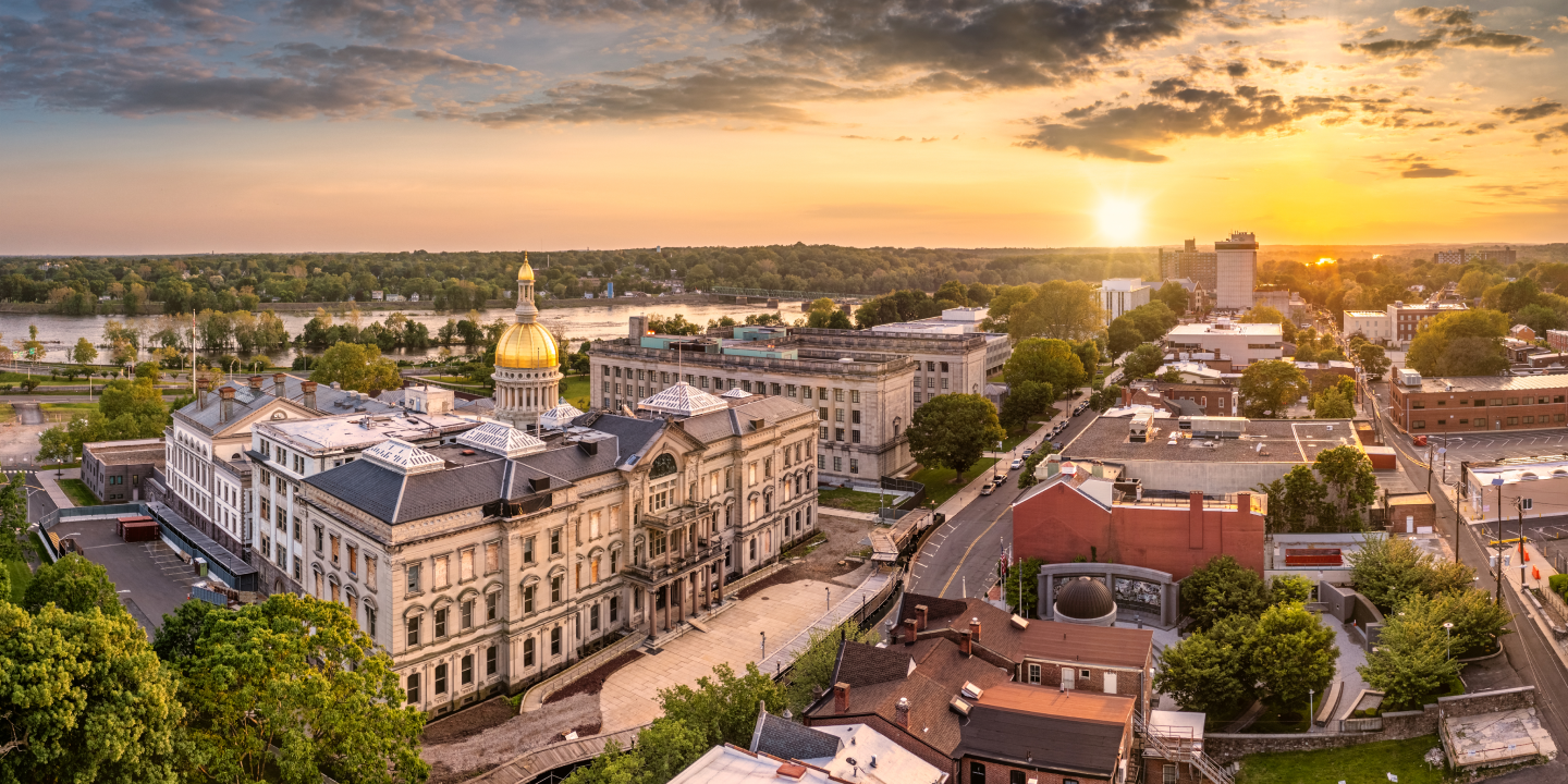 An aerial photo of a New Jersey town at sunset. 