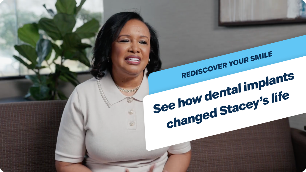 Stacey sharing her dental implant testimonial with overlay text reading “REDISCOVER YOUR SMILE – See how dental implants changed Stacey’s life,” highlighting the life-changing benefits of dental implants.