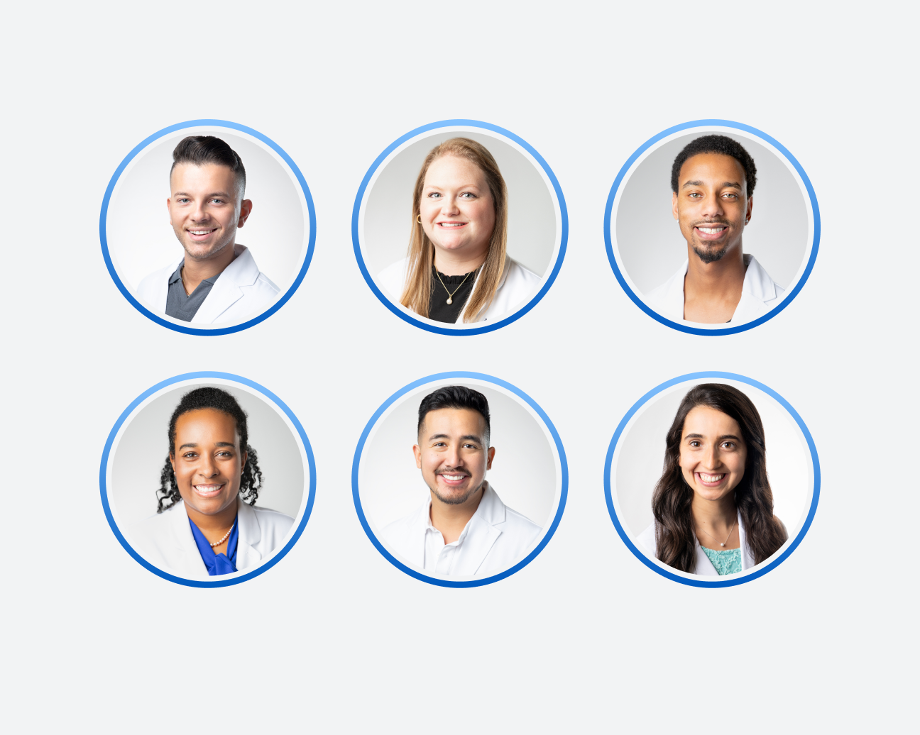 Six headshots of individuals, three men and three women, all smiling with the confidence you'd expect from a visit to a cosmetic dentist, each dressed in professional attire and framed within blue-bordered circles on a white background.