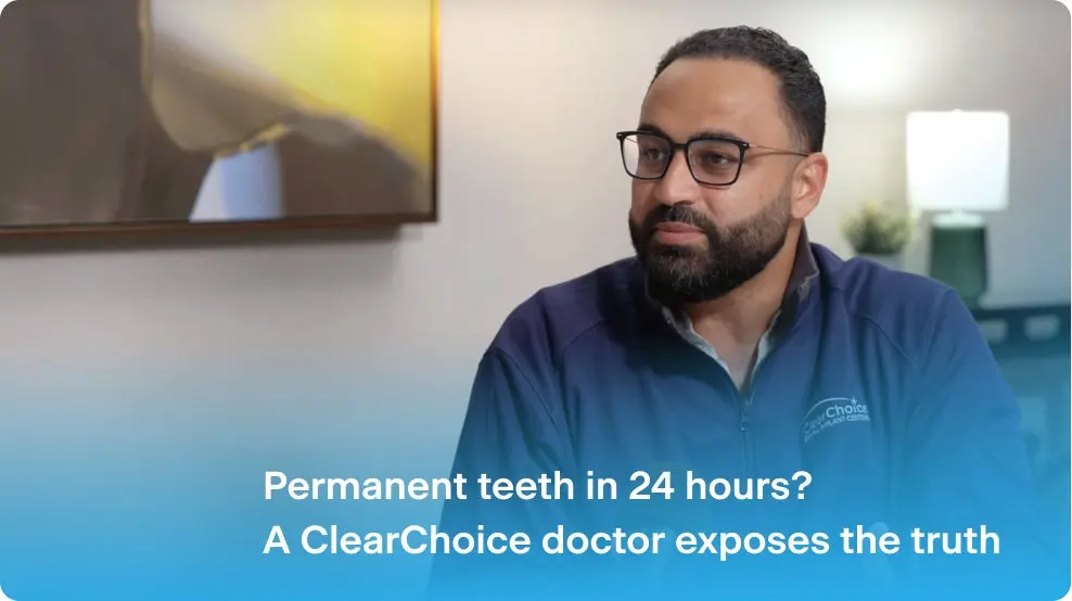 A man wearing glasses is talking about permanent teeth in 24 hours.