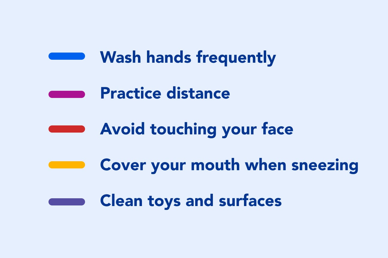 Ways to prevent catching a cold include washing hands frequently, practicing distancing, avoiding touching your face, covering your mouth when sneezing, and cleaning toys and surfaces.
