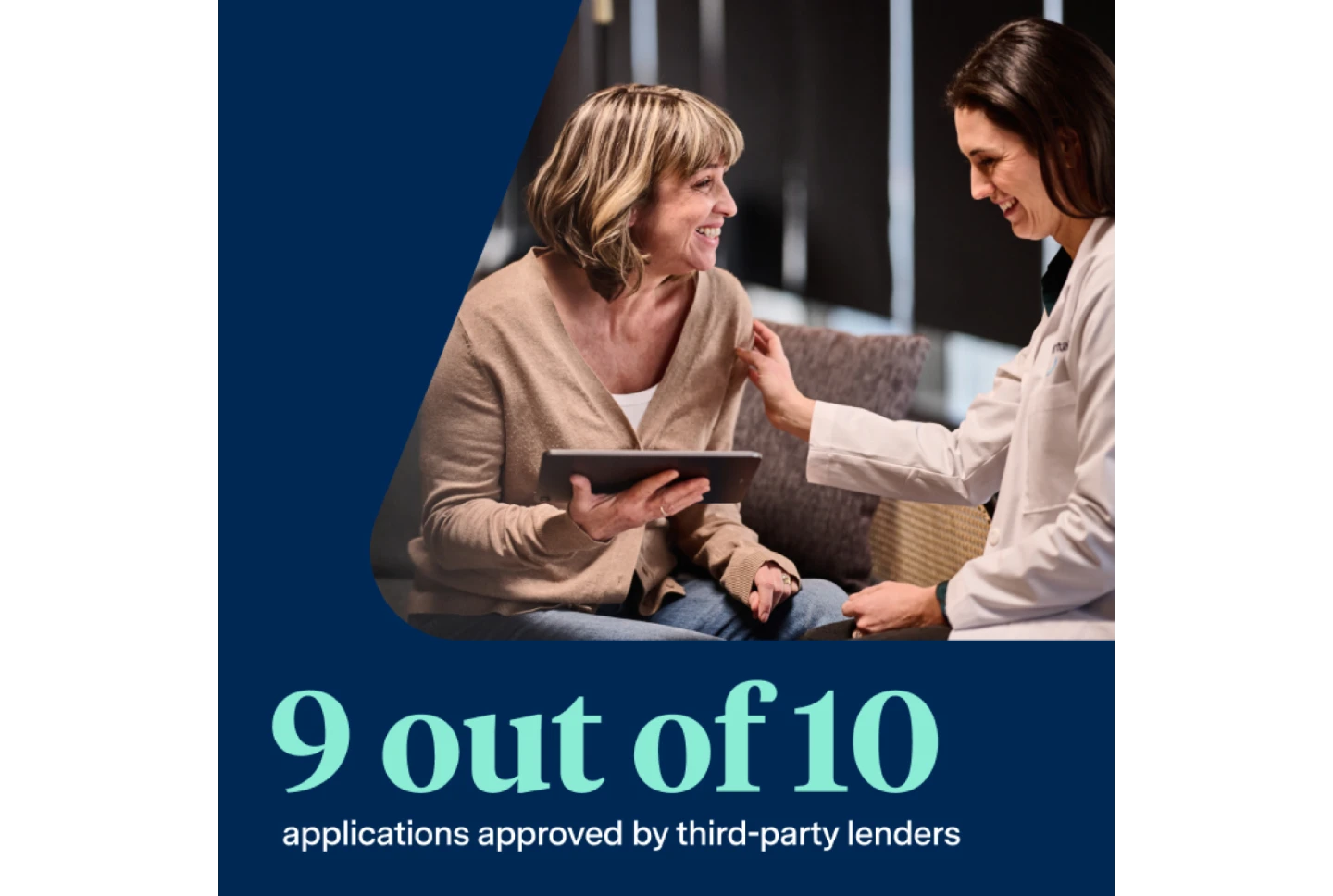 A patient smiling while consulting with an Aspen Dental dentist with the words '9 out of 10 applications approved by third-party lenders.