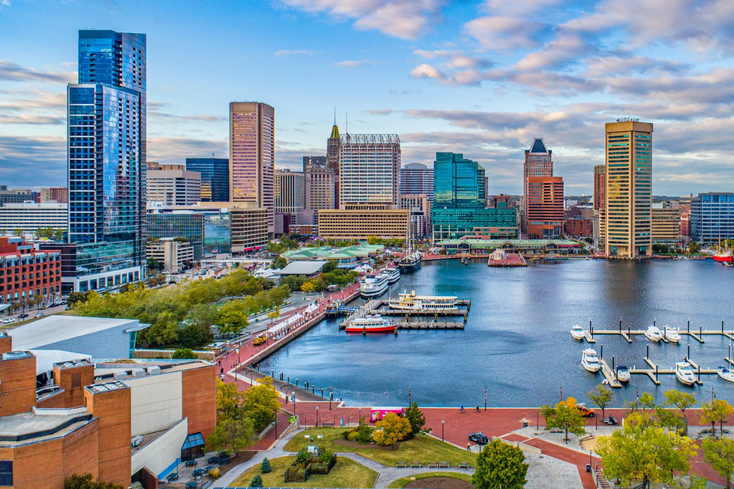 Buildings surrounding the Baltimore harbor. 