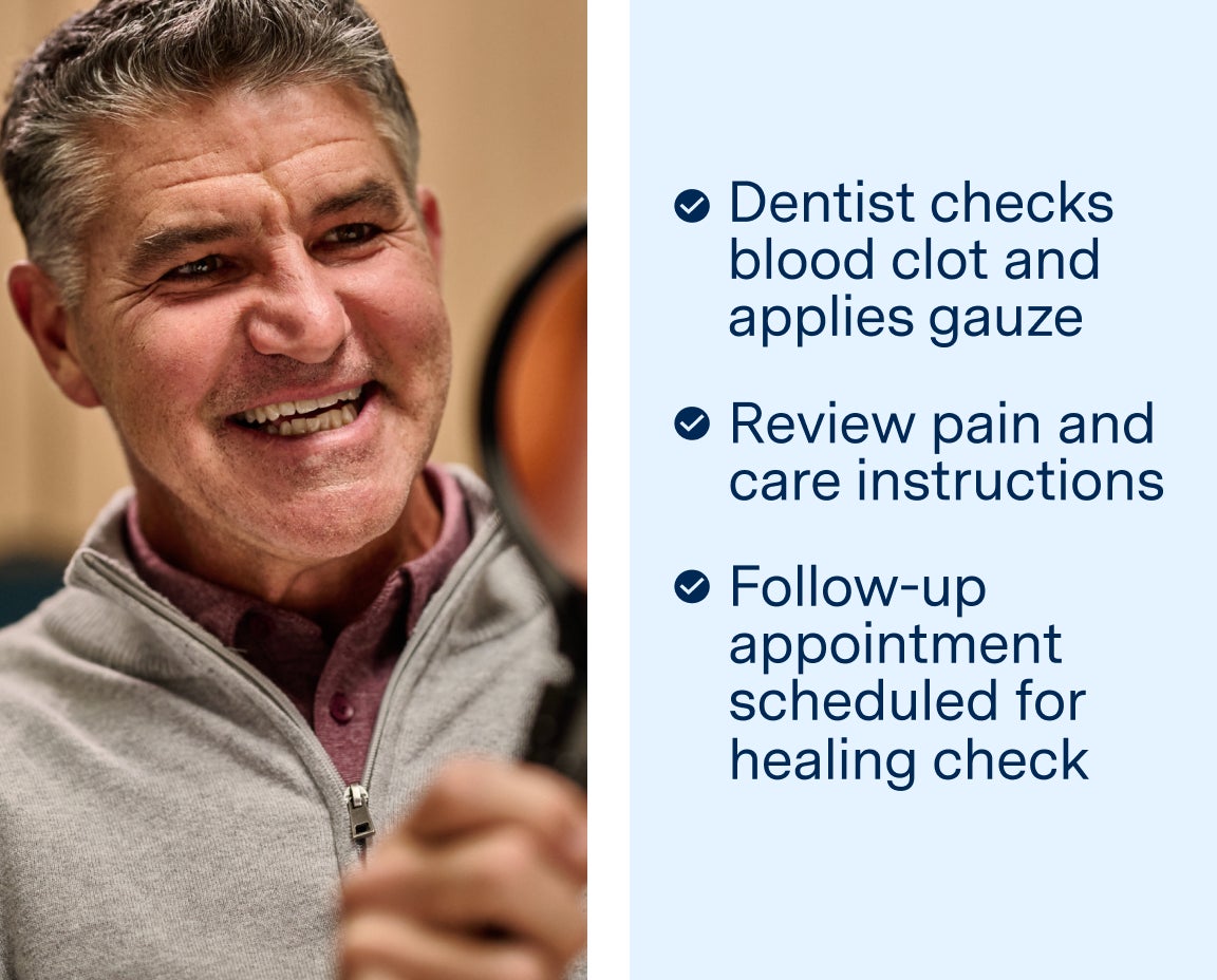 Patient at Aspen Dental reviewing post-extraction care instructions, including checking the blood clot, applying gauze, and scheduling a follow-up appointment for healing assessment.