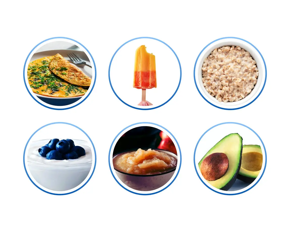 urious about what to eat after a root canal? Six food items displayed in circular frames include an omelet, a popsicle, oatmeal, a bowl of yogurt with blueberries, applesauce, and a halved avocado. These soft and nourishing options are perfect for your post-procedure diet.