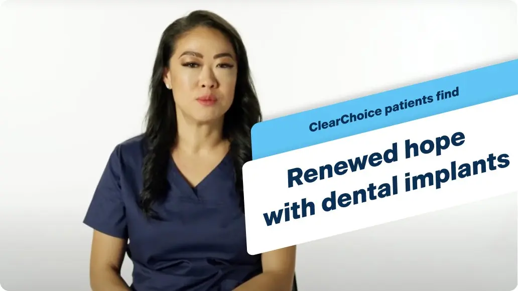 An image of a ClearChoice provider in navy blue scrubs, with a banner that says "ClearChoice patients find renewed hope with dental implants".