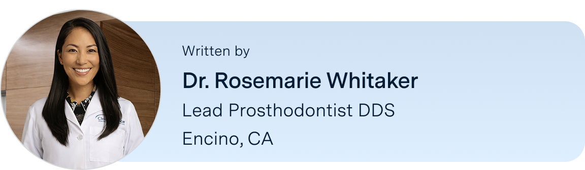 Information on Dr. Rosemarie Whitaker, prosthodontist DDS, located in the Encino, California ClearChoice center, the author of this blog. Along with her headshot on the left.