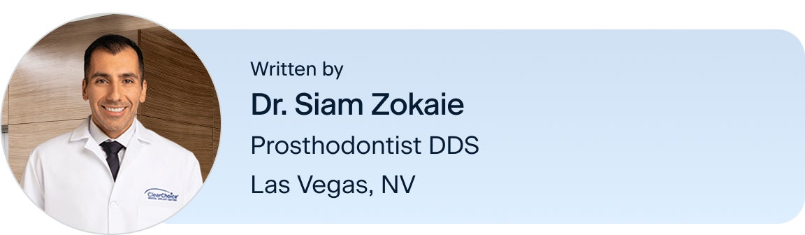 Information on Dr.Siam Zokaie, prosthodontist DDS, located in the Las Vegas, Nevada ClearChoice center, the author of this blog. Along with his headshot on the left.