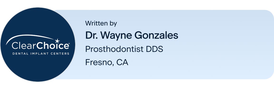 An image of the ClearChoice logo, with the author's name, title and location: Dr. Wayne Gonzales, prosthodontist DDS, located in the ClearChoice Fresno, California center.