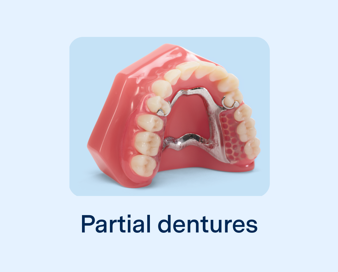  A close-up image of partial dentures on a light blue background with the words "partial dentures" written on them.