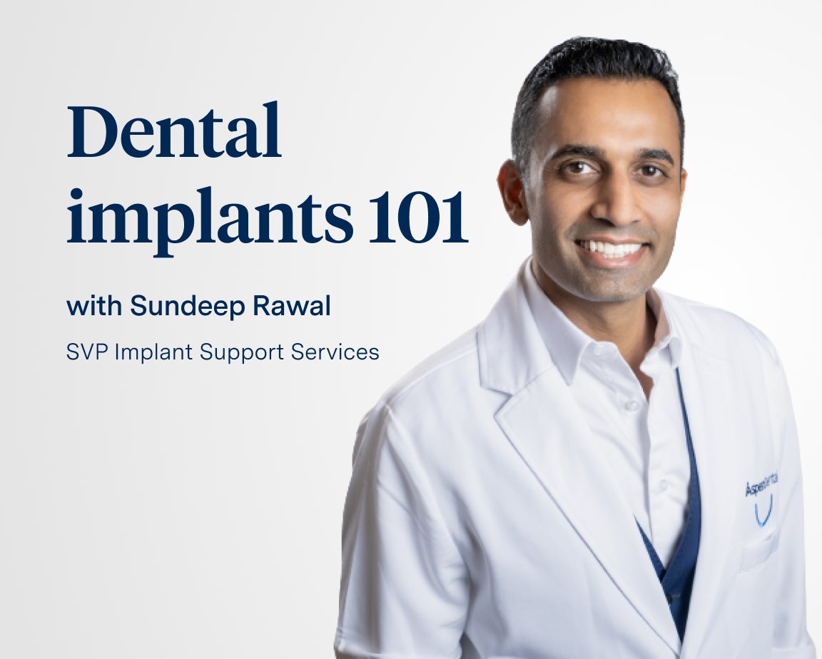 Dr. Sundeep Rawal in a white lab coat is smiling on the right side and on the left text reads "Dental implants 101 with Sundeep Raw