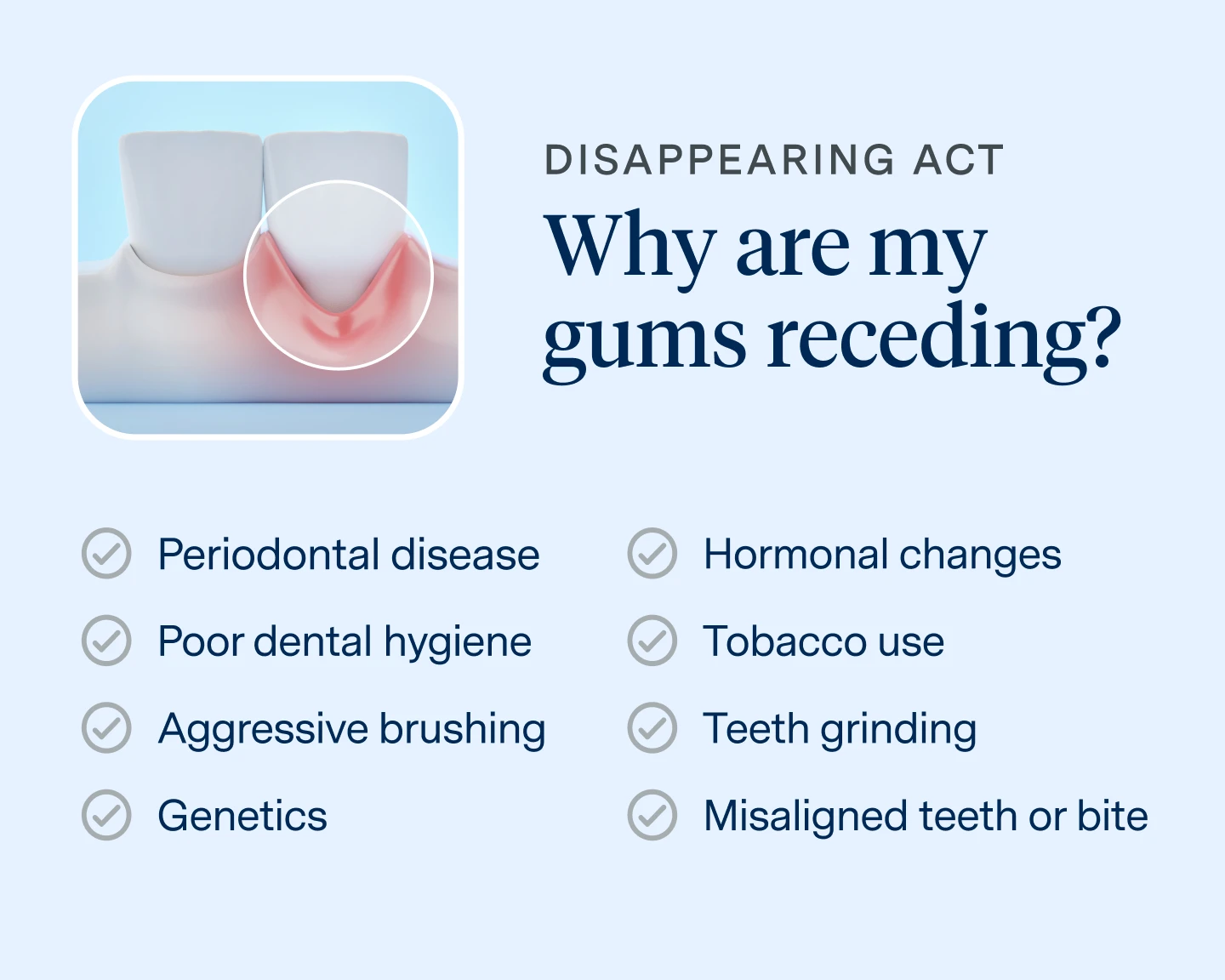 Why are my gums receding?
Periodontal disease
Poor dental hygiene
Aggressive brushing
Genetics
Hormonal changes
Use of tobacco products
Teeth grinding or bruxism
Misaligned teeth or bite