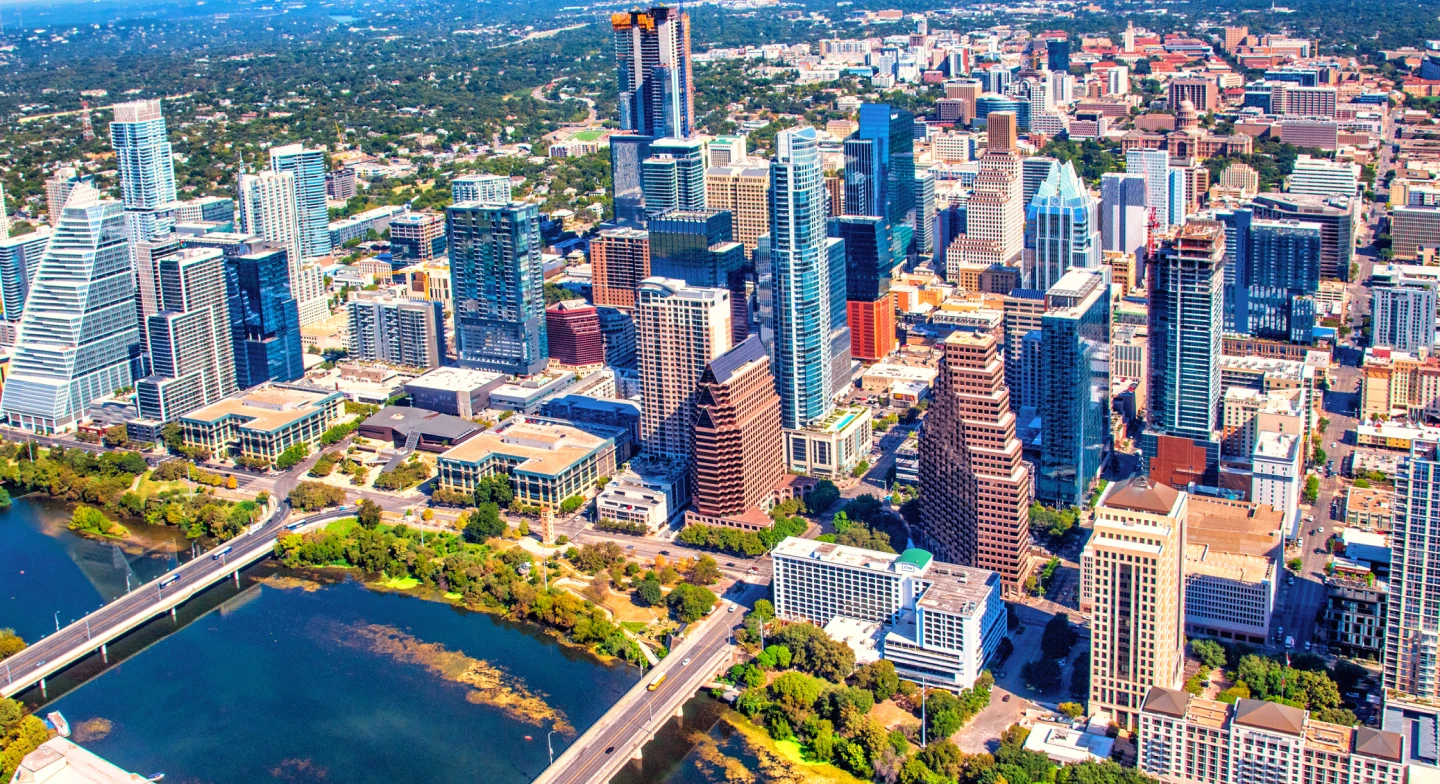 An aerial view of Austin, TX at midday