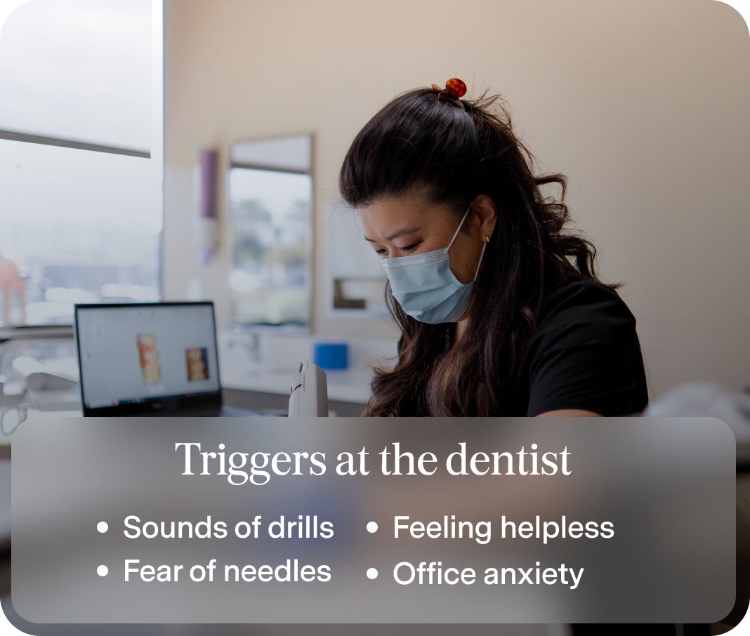 An image of a ClearChoice doctor in the background, with text displaying some possible triggers for dental anxiety at the dentist, including sounds of drills, fear of needles, feeling helpless, and office anxiety.