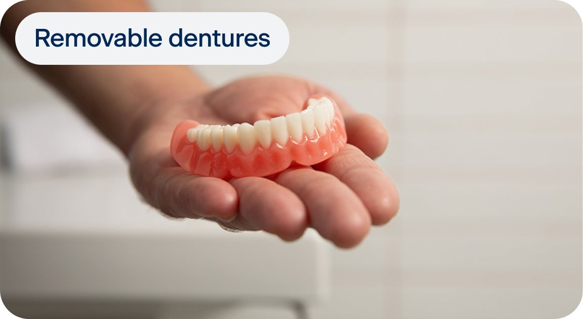 A hand holds a lower arch removable denture model, with a label indicating "removable dentures" on the top left.