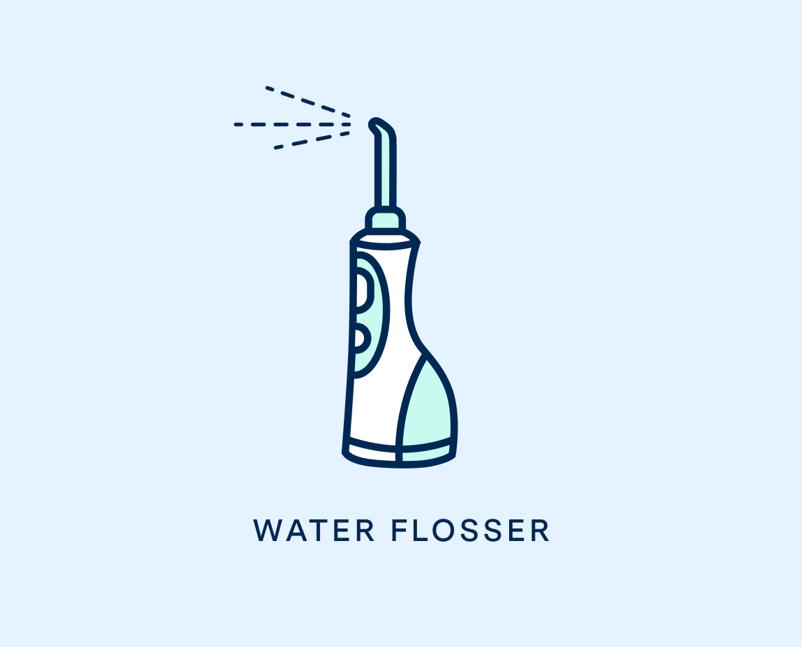 Icon of a water flosser with spraying water on a blue background above 'WATER FLOSSER' text.