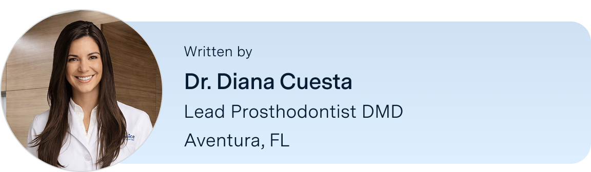 Information on Dr. Diana Cuesta, prosthodontist DMD, located in the Aventura, Florida ClearChoice center, the author of this blog. Along with her headshot on the left.