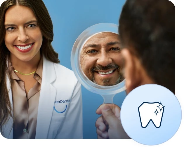 A dentist smiles at a patient holding a mirror that reflects his face. A circular badge at the bottom right with a tooth icon depicts stain resistant veneers