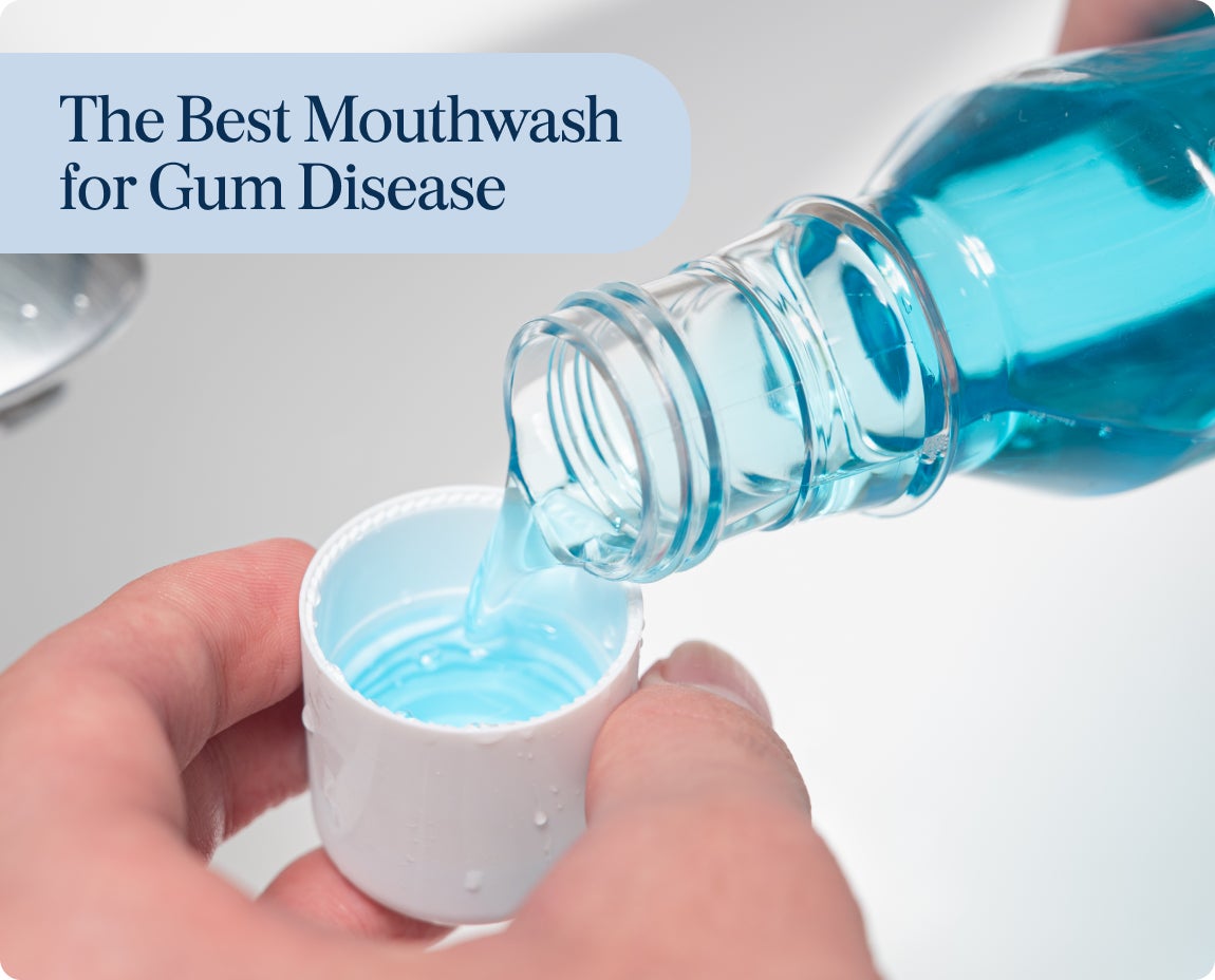 Close-up of blue mouthwash being poured into a cap, highlighting a product recommended by ClearChoice for gum disease prevention and oral hygiene improvement.