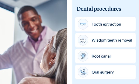  An Aspen Dental professional smiling and discussing various dental procedures with a patient, highlighting options such as tooth extraction, wisdom teeth removal, root canals, and oral surgery.