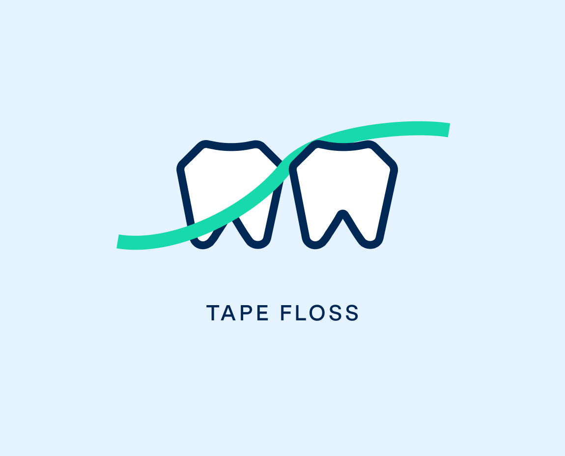 Logo with two teeth and a teal tape floss strip above 'TAPE FLOSS' text on blue background.