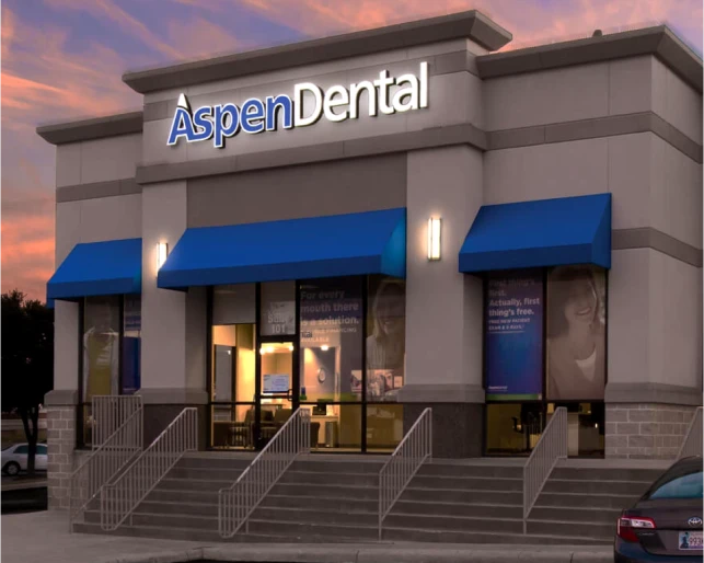A front view of the Aspen Dental office building.