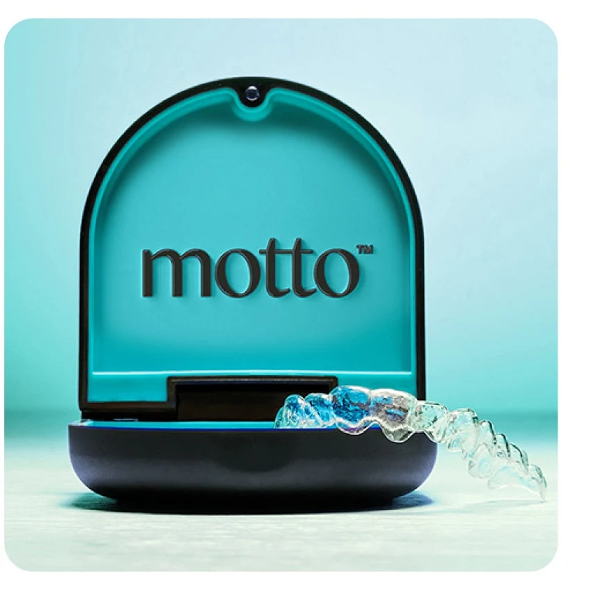 A photo of a Motto clear aligners case that is teal and black, with a clear aligner placed on top of the case, with a light blue background.