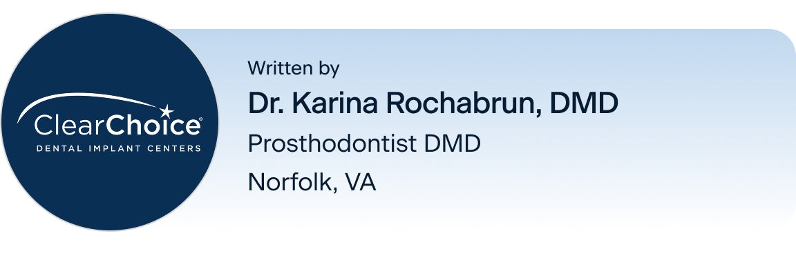 An image of the ClearChoice logo, with the author's name, title and location: Dr. Karina Rochabrun, DMD, prosthodontist DMD, located in the ClearChoice Norfolk, Virginia center.