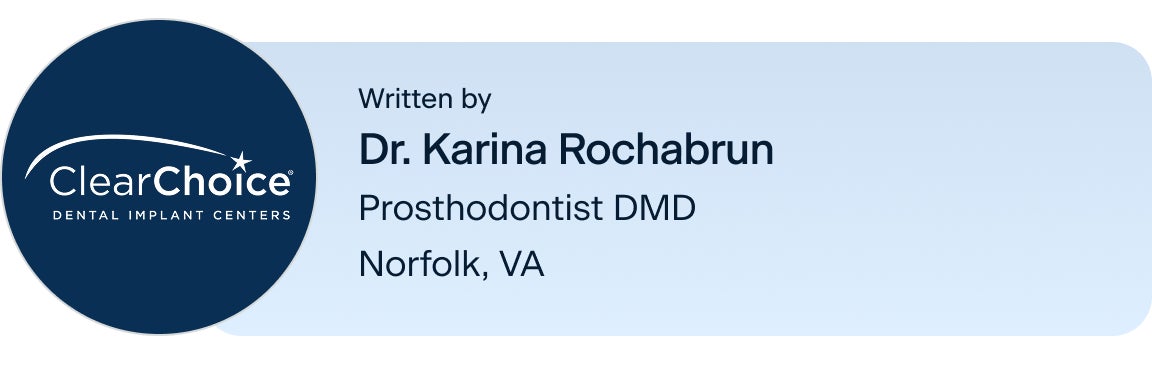 An image of the ClearChoice logo, with the author's name, title and location: Dr. Karina Rochabrun, DMD, prosthodontist DMD, located in the ClearChoice Norfolk, Virginia center.