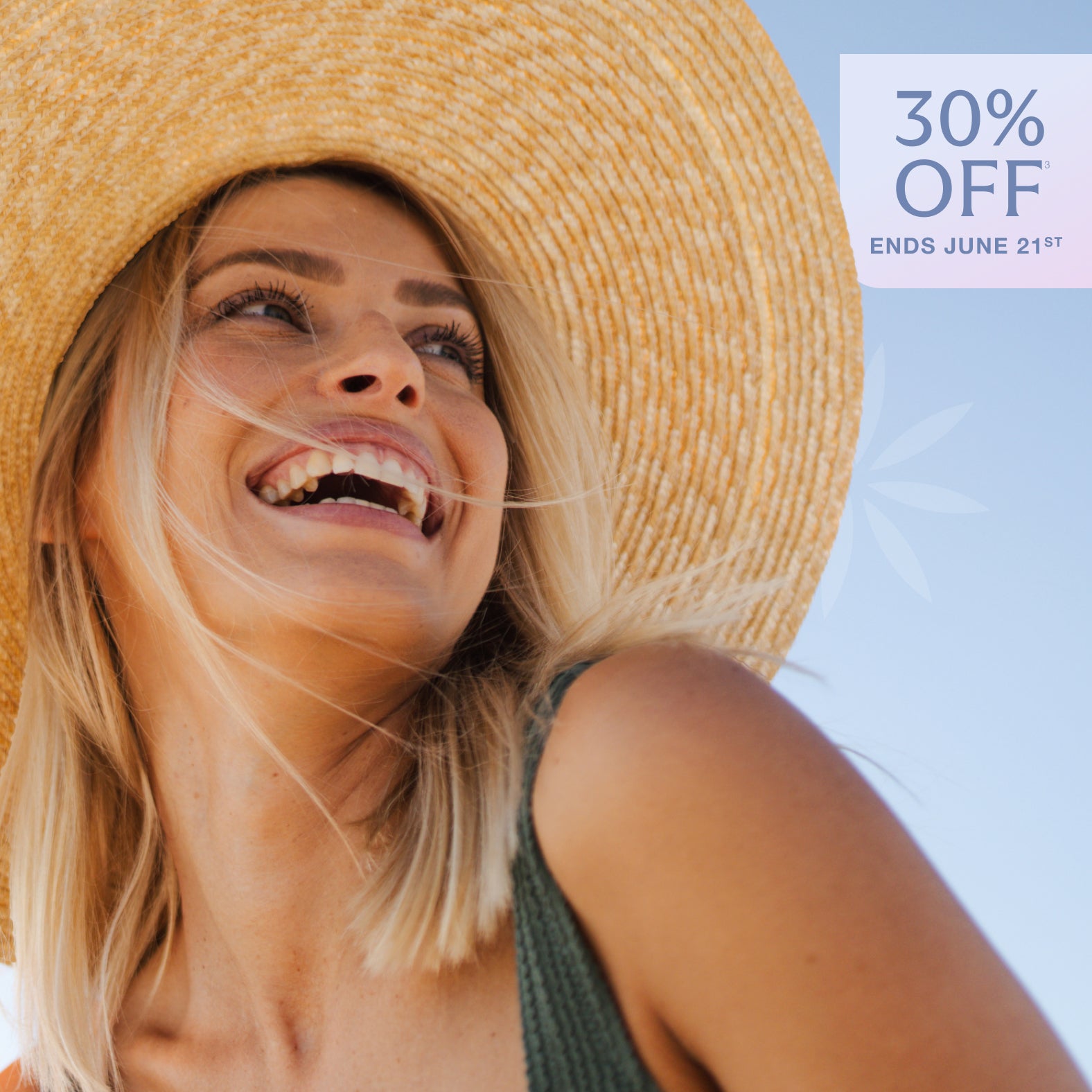 Woman wearing a sun hat promoting Chapter’s Botox and Xeomin treatments. Text on image reads “30% off ends June 21st.”