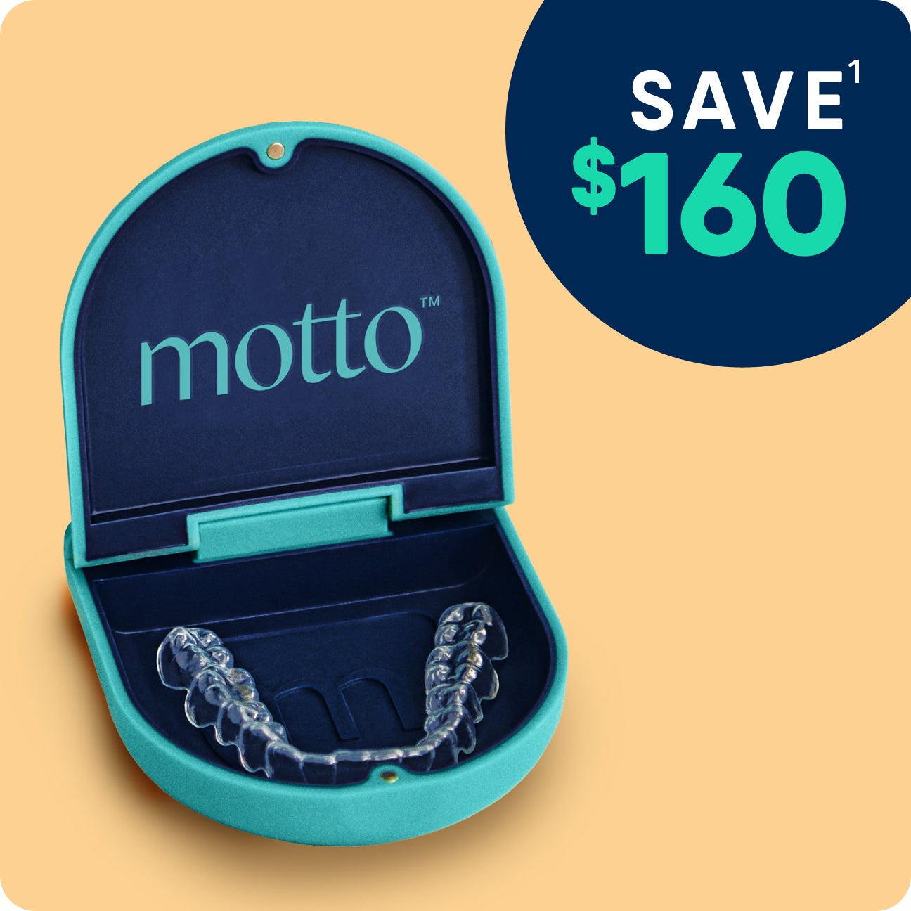 An image of Motto Clear Aligners in a teal case, over a yellow background, with the words "SAVE $160" in the top right corner.
