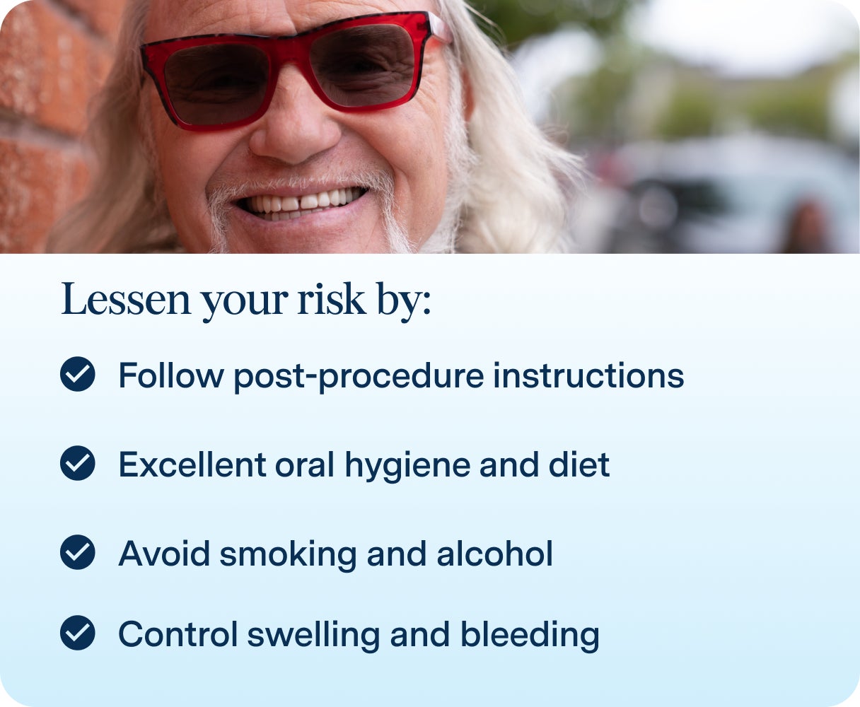 An image of a male patient smiling with his dental implants, with text on some ways to lessen implant infection risk, including following post-procedure instructions, good oral hygiene and diet, avoid smoking and alcohol consumption, and control swelling and bleeding.