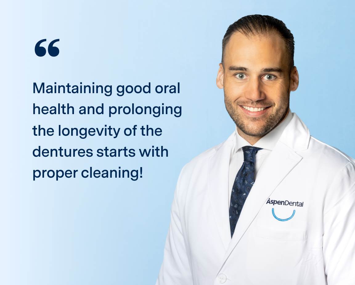 Image of Eric Kukucka, DD wearing white coat with "Aspen Dental" branding, stands smiling against a light blue background on the right. Beside him, his quote reads, "Maintaining good oral health and prolonging the longevity of the dentures starts with proper cleaning!"