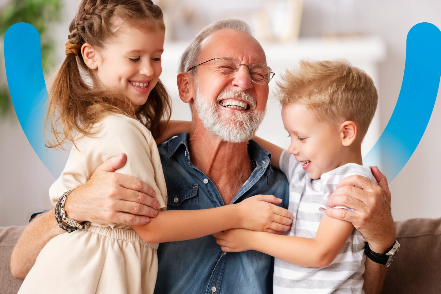 A grandparent smiles and hugs their grandchildren. 