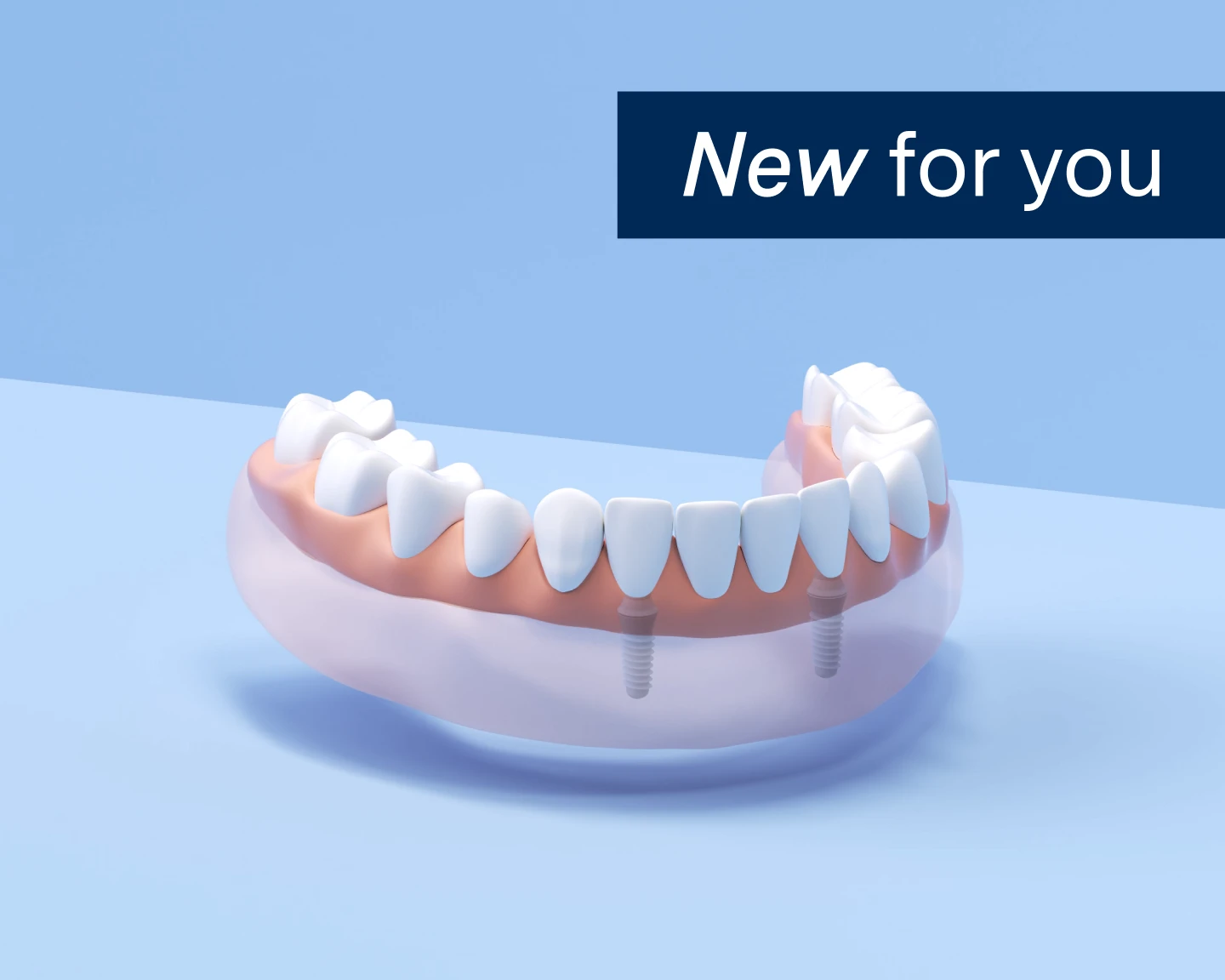 An illustration of implant dentures on a blue background with the words 'new for you'.