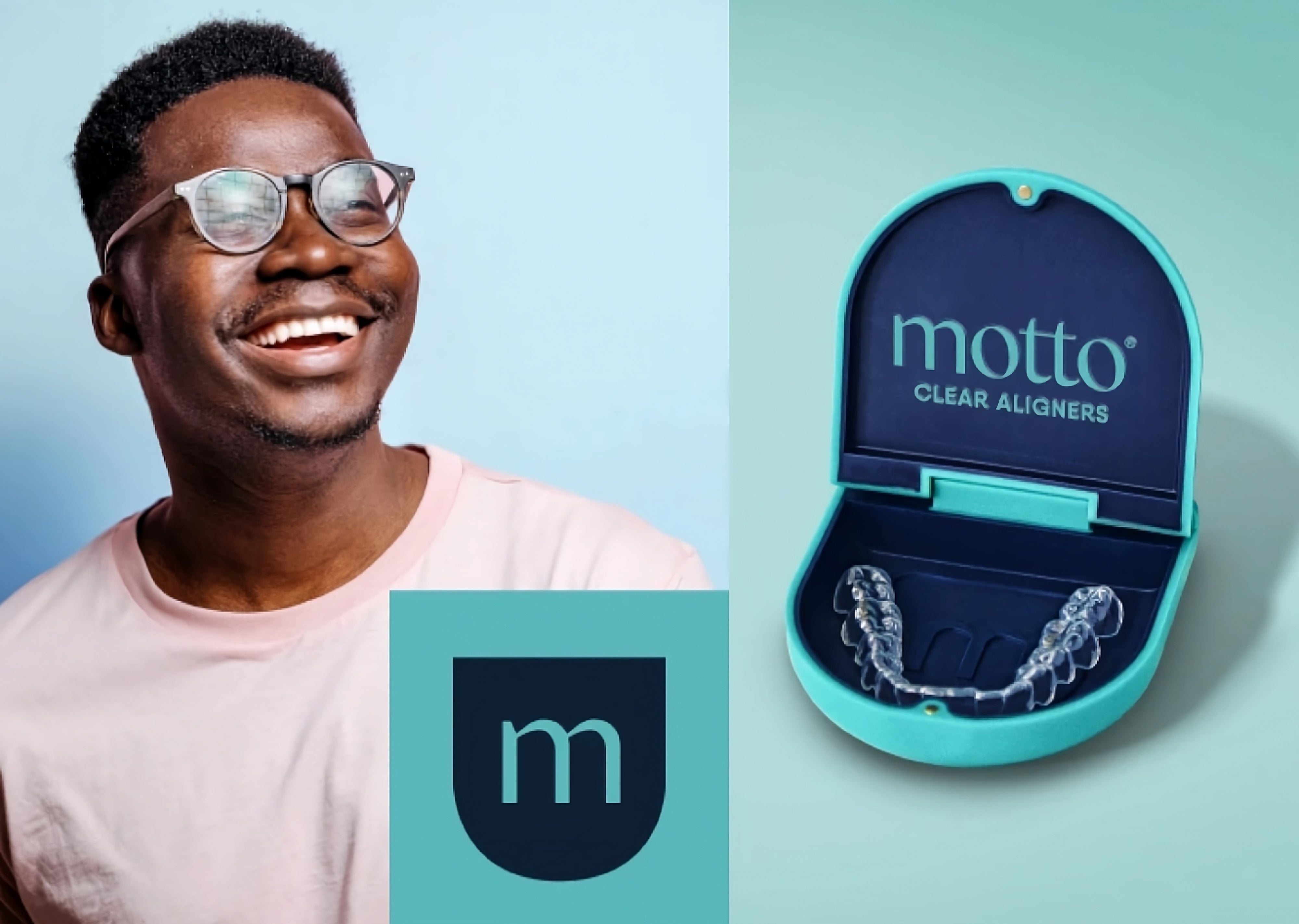 Motto clear aligners patient smiling and an image of a Motto case containing a clear aligner.