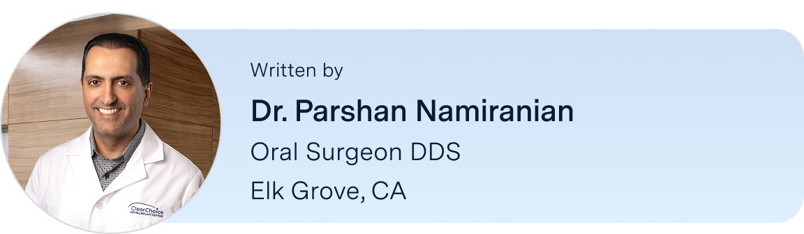 Information on Dr. Parshan Maniranian, oral surgeon DDS, located in the Elk Grove, California ClearChoice center, the author of this blog. Along with his headshot on the left.