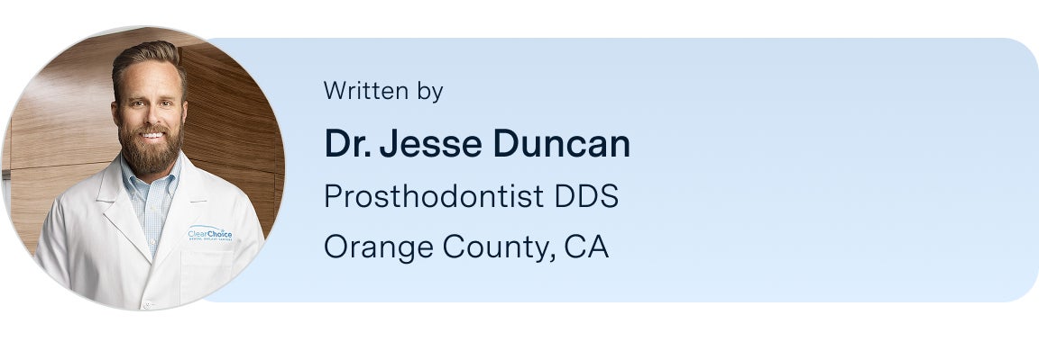 An image of Dr. Jesse Duncan, the author of this blog, with his credentials and location listed below: a prosthodontist DDS located at the ClearChoice Orange County, California center.