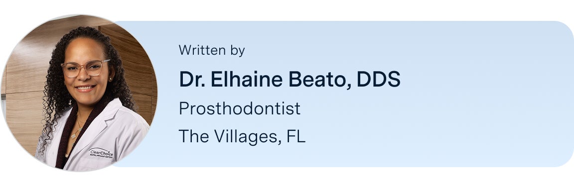 An image of Dr.Elhaine Beato, DDS, the author of this blog, with her title and location listed below her name: prosthodontist, located in the ClearChoice The Villages, Florida center.
