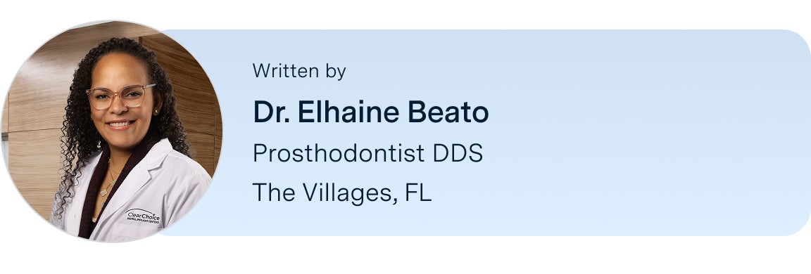 An image of Dr.Elhaine Beato, DDS, the author of this blog, with her title and location listed below her name: prosthodontist, located in the ClearChoice The Villages, Florida center.